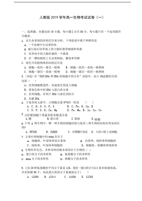 人教版2019学年高一生物考试试卷及答案(10套 )