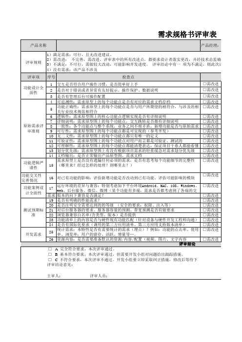 互联网项目需求规格书评审表