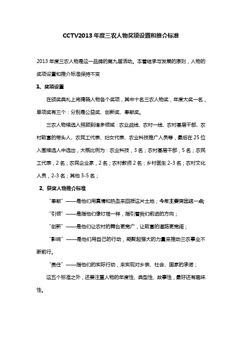 CCTV2013年度三农人物奖项设置和推介标准