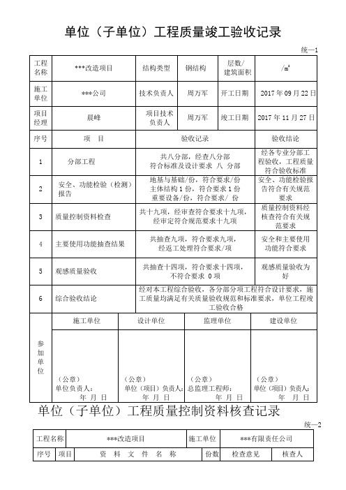 单位工程安全的功能检验资料核查及主要功能抽查记录