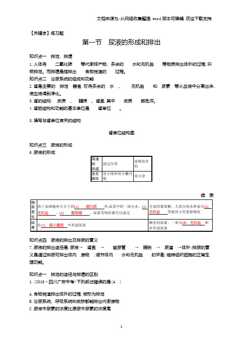 【练习题】2018济南版生物七年级下册41尿液的形成和排出练习题