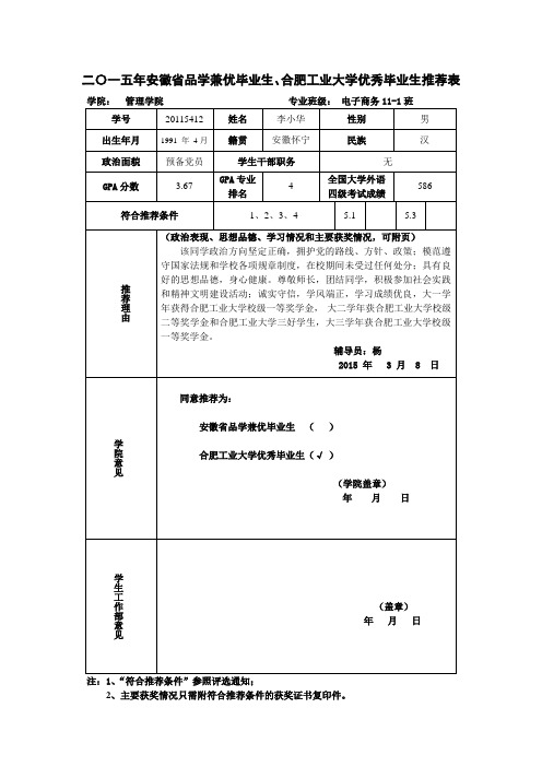 合肥工业大学优秀毕业生推荐表