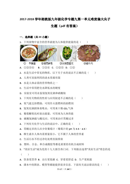 2018学年九年级化学保护身体降三大营养物质难度偏大尖子生题含解析湘教版