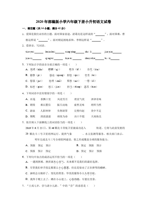 2020年部编版小学语文六年级下册小升初试卷(含答案)