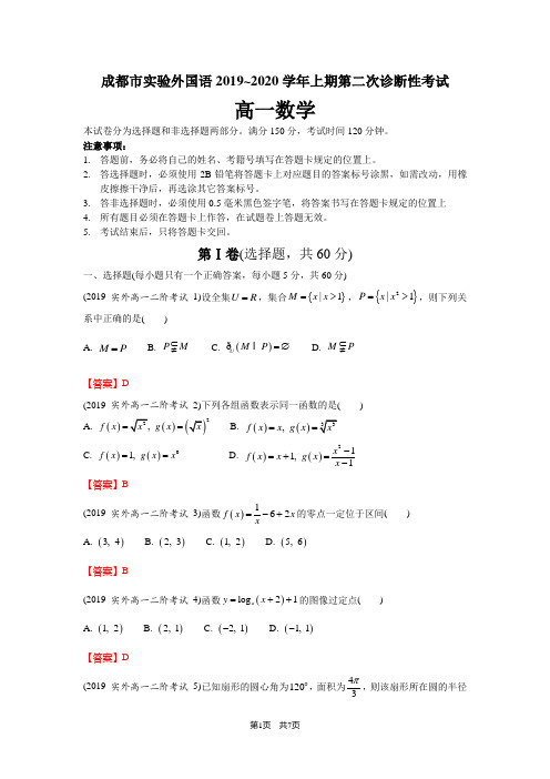 成都市实验外国语2019~2020学年高一上第二次诊断性考试数学试题及参考答案(mathtype WORD精编版)