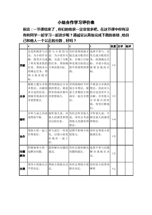 小组合作学习评价表