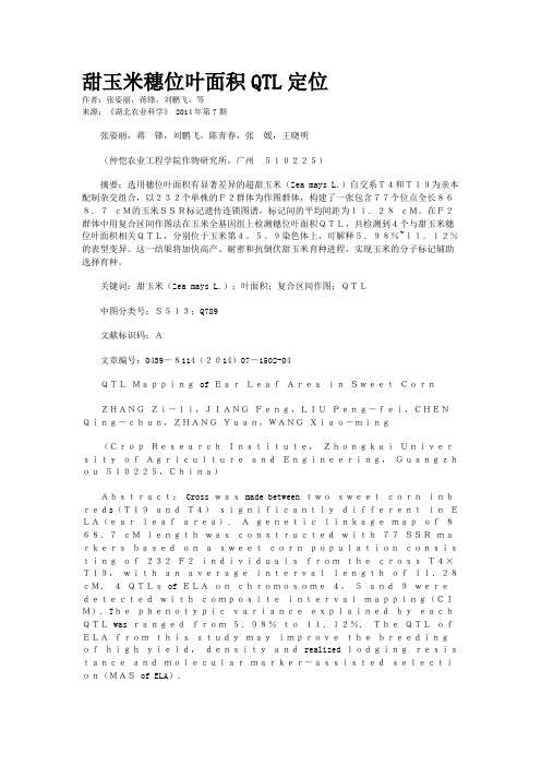 甜玉米穗位叶面积QTL定位