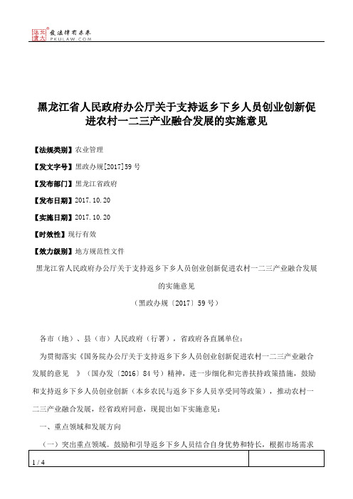 黑龙江省人民政府办公厅关于支持返乡下乡人员创业创新促进农村一