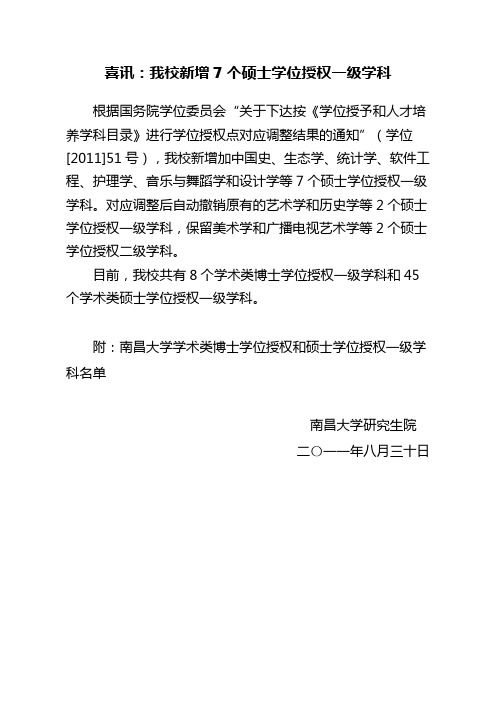 喜讯我校新增7个硕士学位授权一级学科