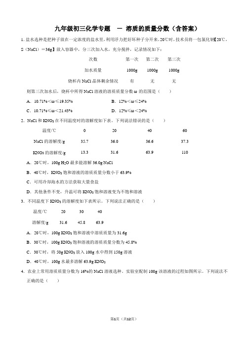 九年级初三化学专题 - 溶质的质量分数(含答案)