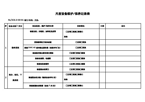 设备科月度设备维护保养记录表