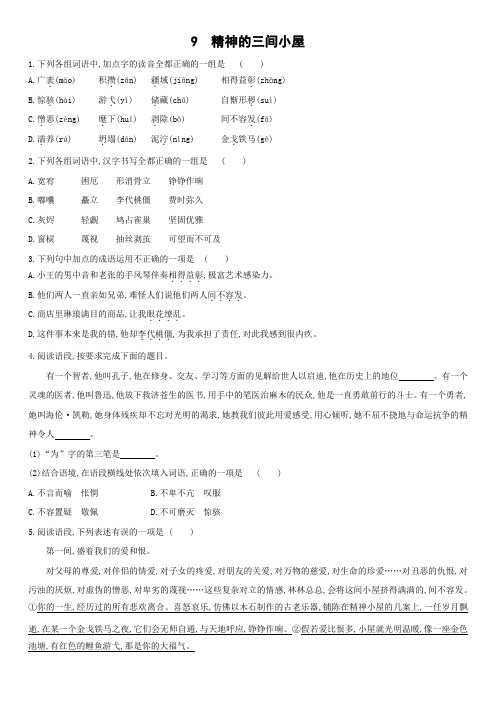 人教部编版九年级上册课后培优练9 精神的三间小屋