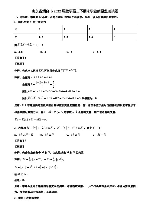 山东省烟台市2022届数学高二下期末学业质量监测试题含解析