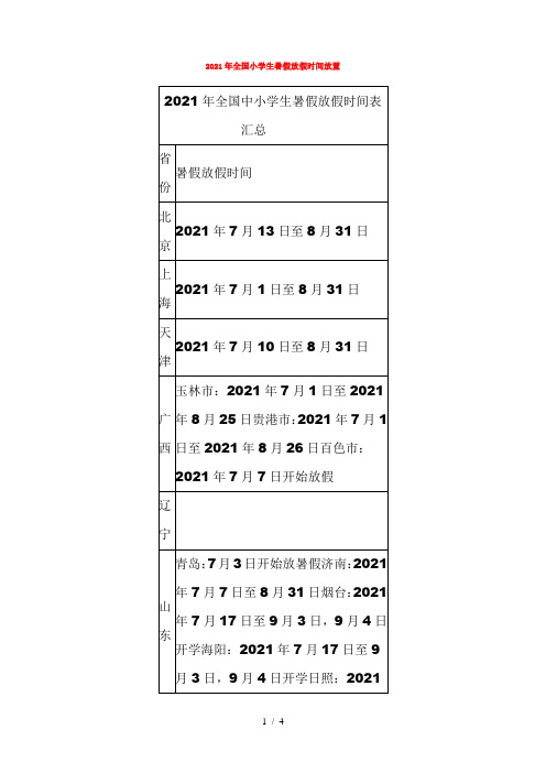 2021年全国小学生暑假放假时间安排