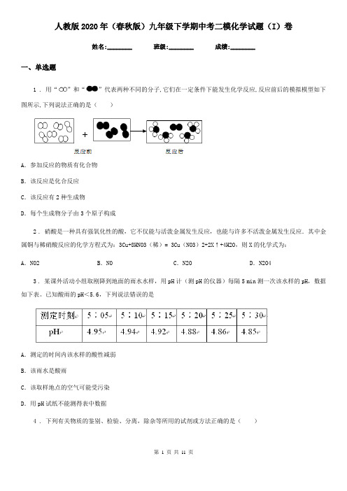人教版2020年(春秋版)九年级下学期中考二模化学试题(I)卷