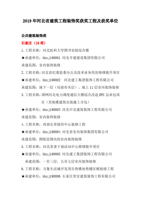 2019年河北省建筑工程装饰奖获奖工程及获奖单位
