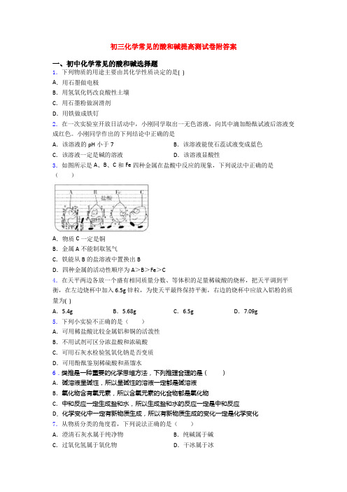 初三化学常见的酸和碱提高测试卷附答案