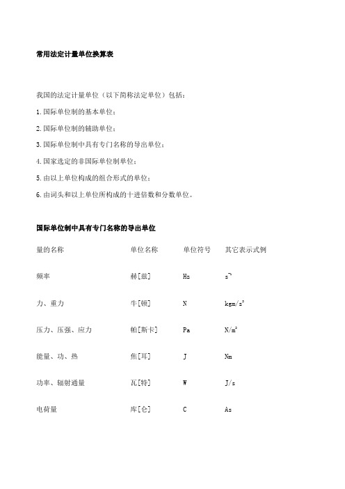 常用法定计量单位换算表