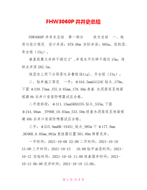 FHW3060P井井史总结