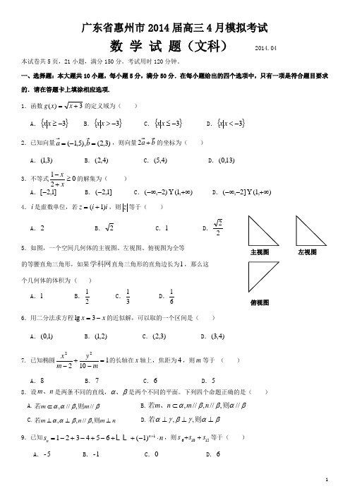广东省惠州市2014届高三4月模拟考试数学文理试题 Word版含答案