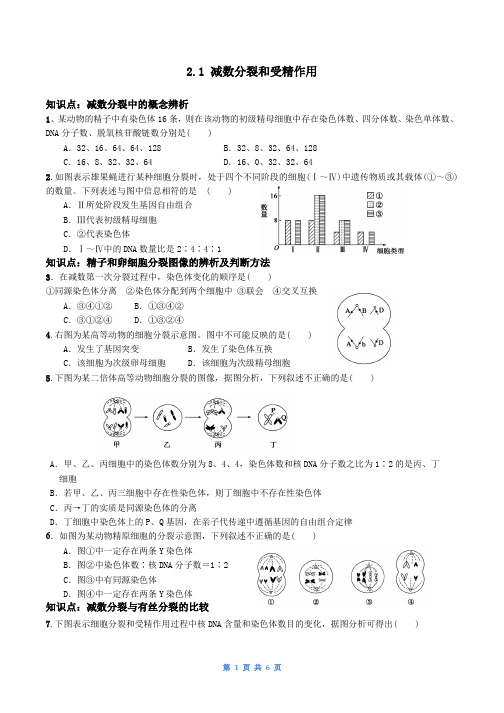 2.1减数分裂和受精作用习题(答案版)