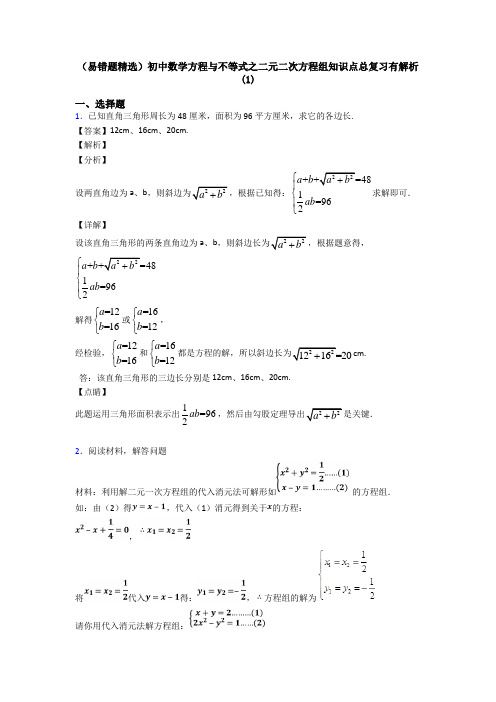 (易错题精选)初中数学方程与不等式之二元二次方程组知识点总复习有解析(1)