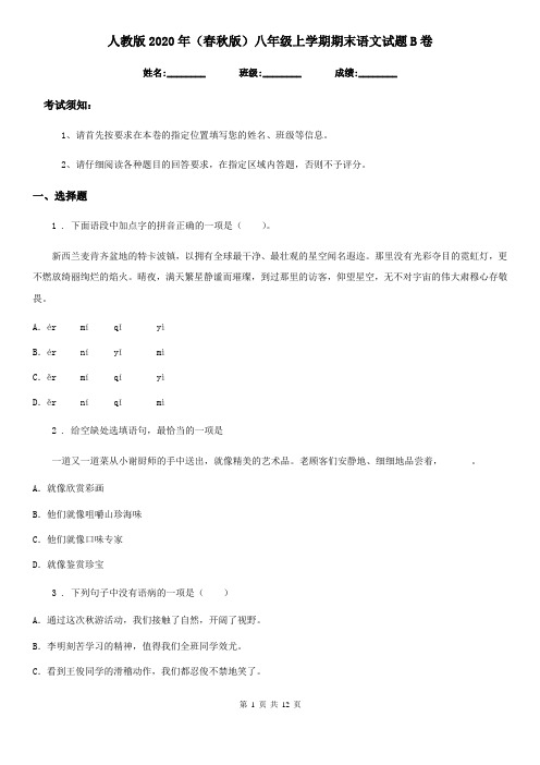 人教版2020年(春秋版)八年级上学期期末语文试题B卷(测试)