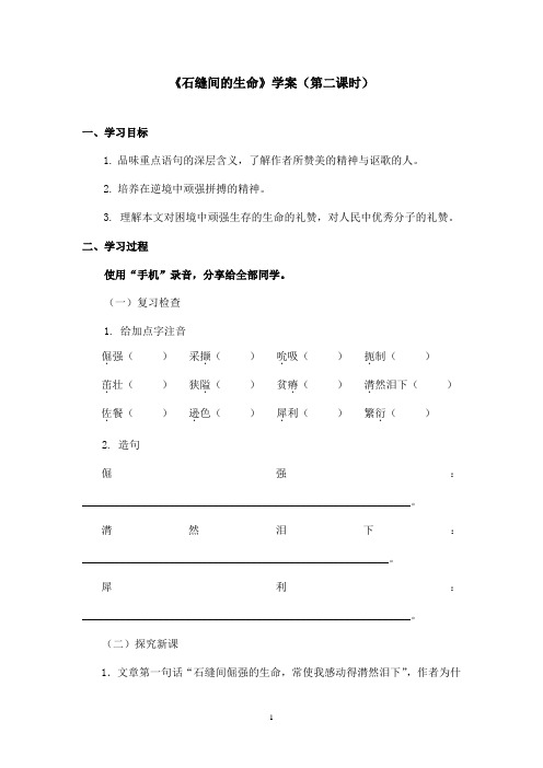 最新鲁教版(五四制)小学语文六年级上册《石缝间的生命》学案第二课时 (1)(精品)