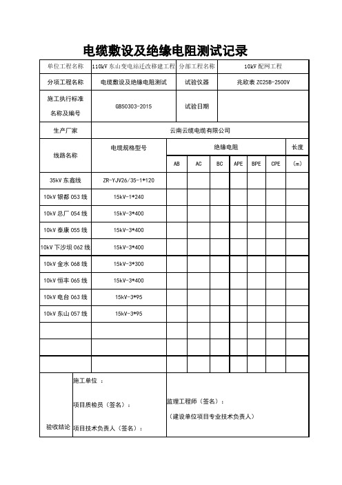 电缆敷设及绝缘电阻测试记录