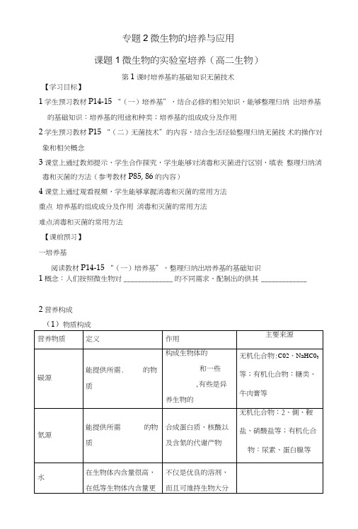 人教版生物选修一同步学案专题二课题1微生物的实验室培养(第1课时).doc