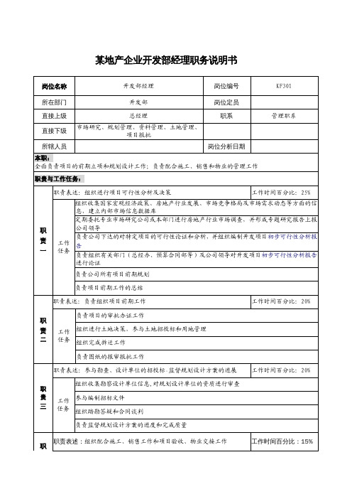 岗位职责某地产企业开发部经理职务说明书