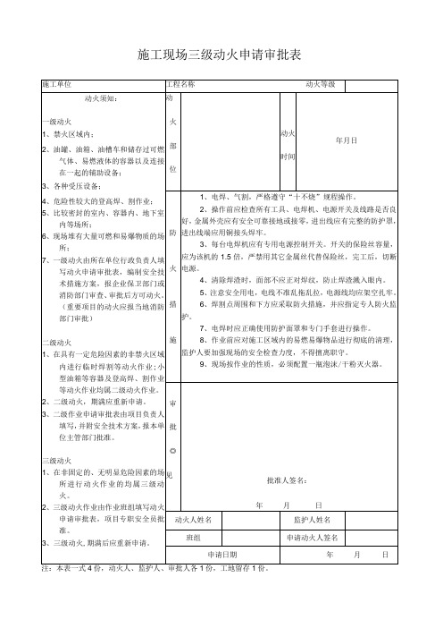 4、施工现场三级动火申请审批表