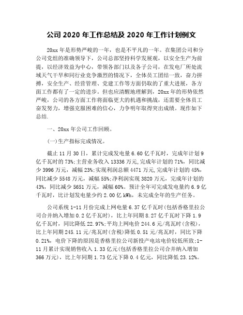 公司2020年工作总结及2020年工作计划例文