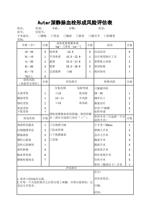 深静脉血栓形成风险评估表