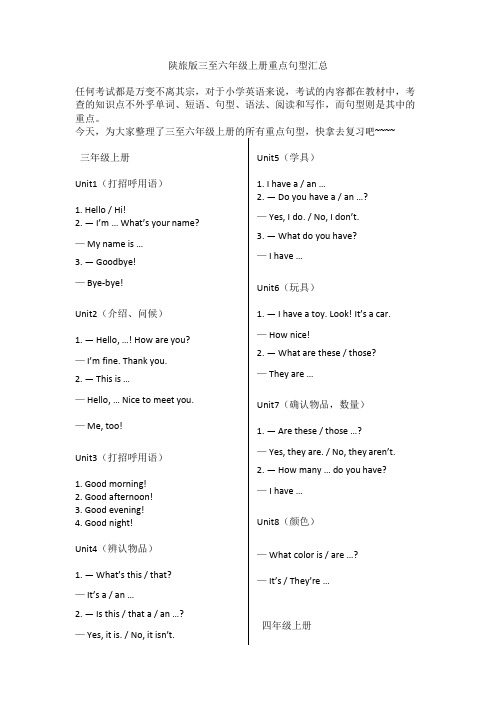 陕旅版三至六年级上册重点句型汇总(可编辑修改word版)