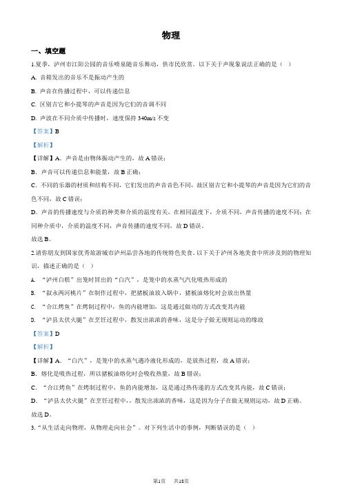 2020年四川省泸州市中考物理试题(解析版)
