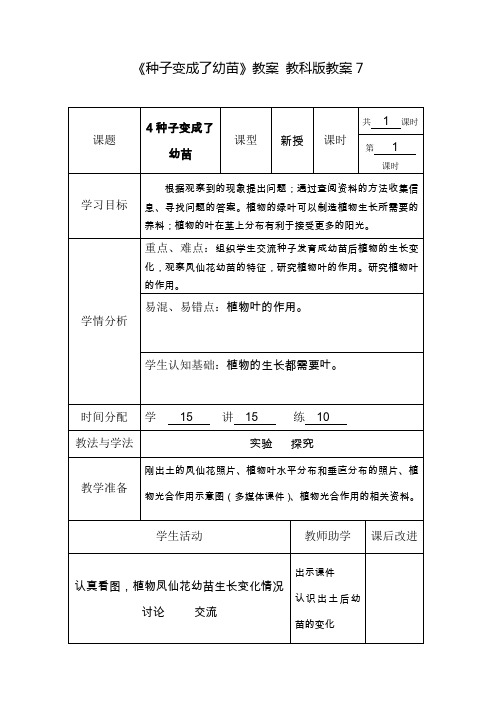 《种子变成了幼苗》教案 教科版教案7