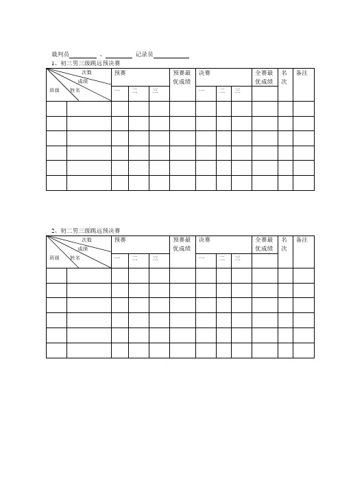 田径运动会田径比赛(跳高、跳远、三级跳、铅球)评分表格田赛表格