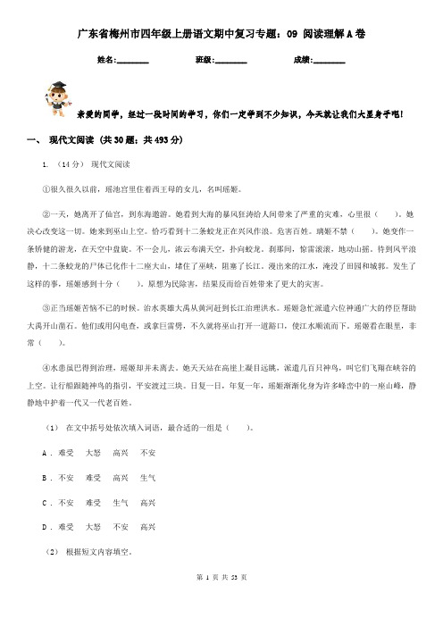 广东省梅州市四年级上册语文期中复习专题：09 阅读理解A卷