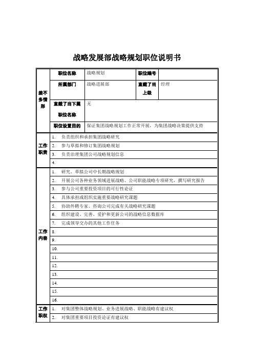 战略发展部战略规划职位说明书