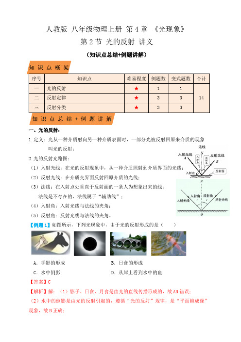 部编物理八年级上册4.2光的反射(知识点+例题)(解析版)含答案