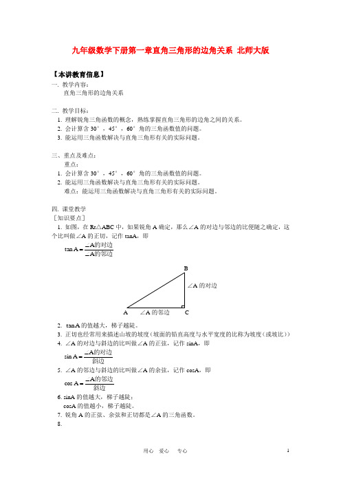 九年级数学下册第一章直角三角形的边角关系 北师大版