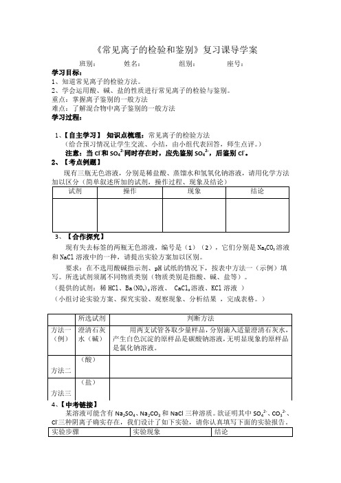 人教版初三化学下册《常见离子的检验和鉴别》导学案