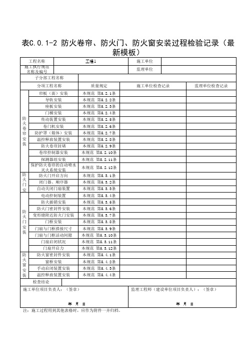 表C.0.1-2 防火卷帘、防火门、防火窗安装过程检验记录(最新模板)