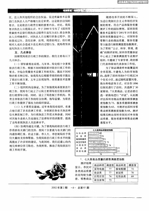 深圳市零售业商品和服务质量顾客满意度指数测评简报