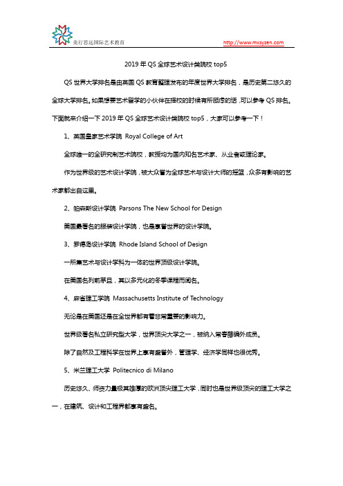 2019年QS全球艺术设计类院校top5