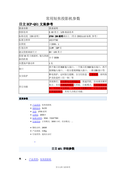 常用短焦投影机参数