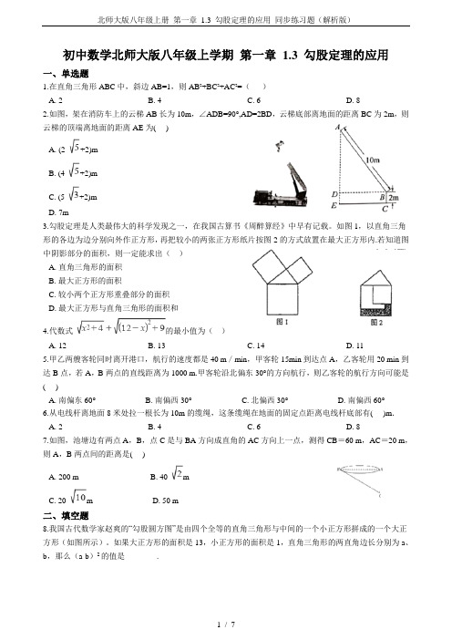 北师大版八年级上册 第一章 1.3 勾股定理的应用 同步练习题(解析版)