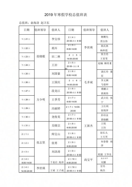 2019年寒假学校总值班表