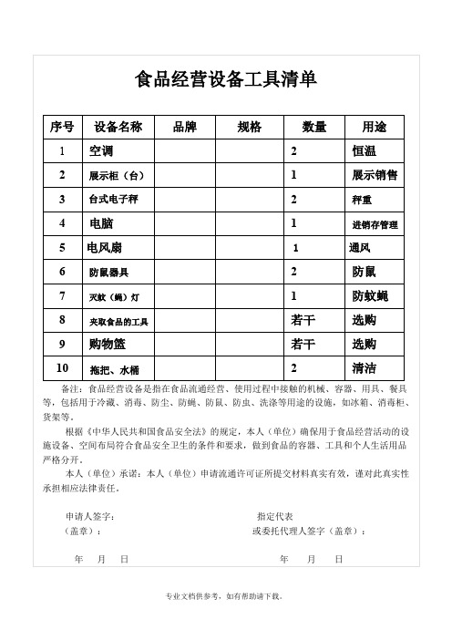 食品经营设备工具清单